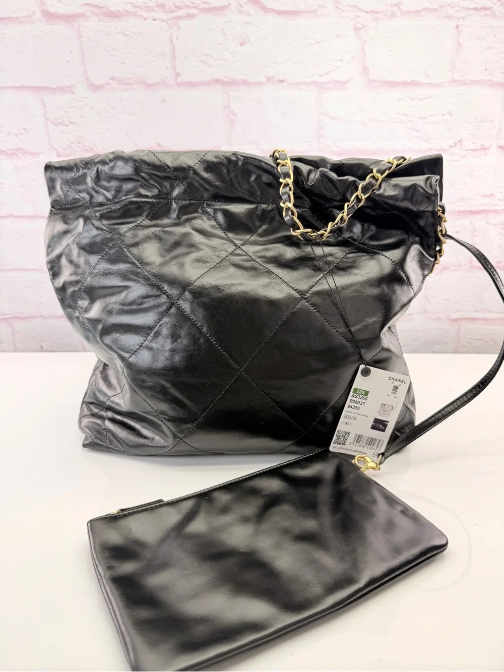 Chanel NWT 22 Shiny Black Quilted Calfskin Leather Hobo Bag with Pouch